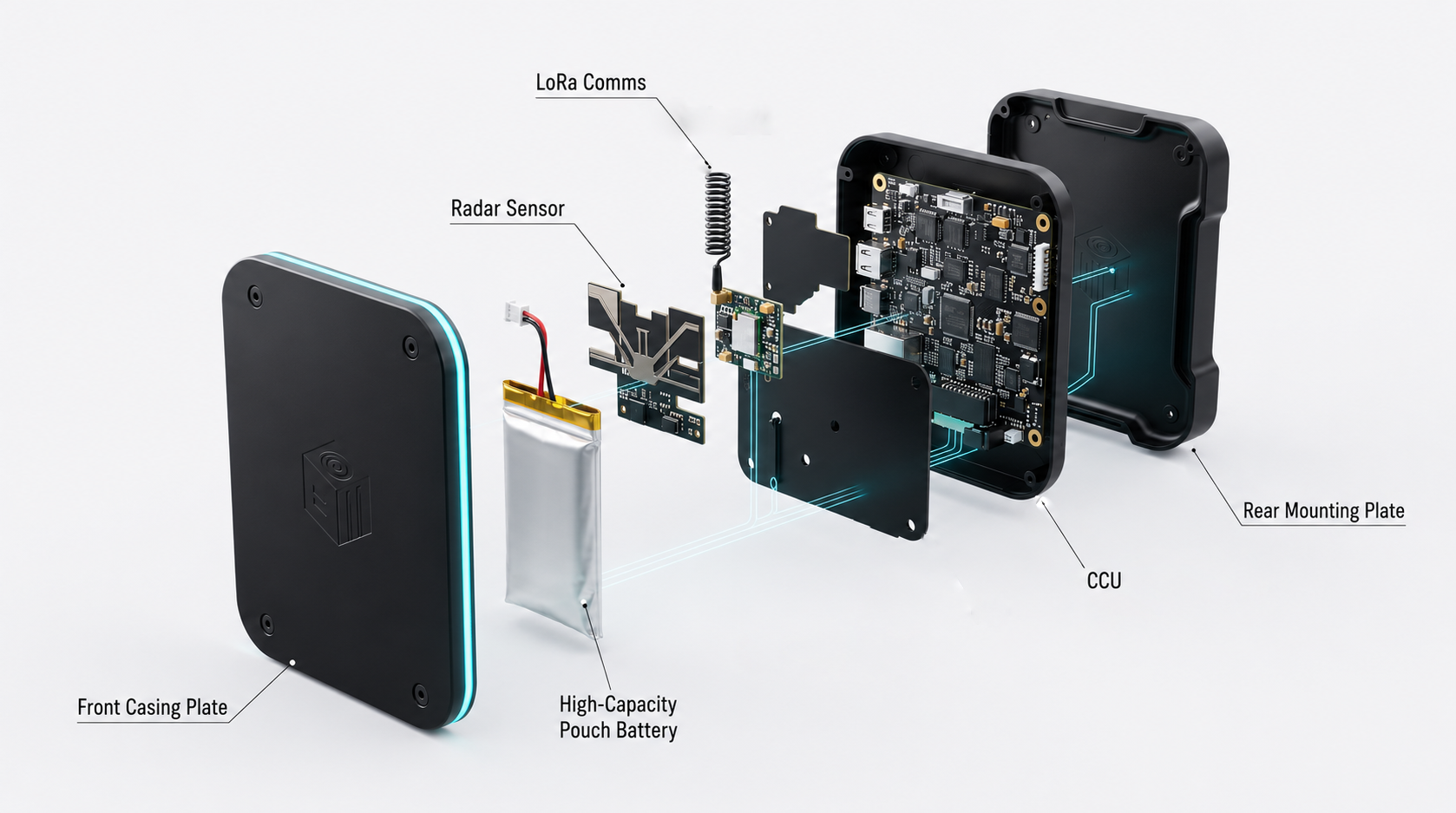 CounterCube sensor exploded view showing radar sensor, LoRa comms, CCU, battery pack and mounting plates